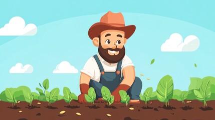 Happy farmer cultivating fresh vegetables in a sunny garden.