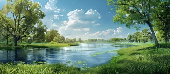 Wall Mural - Capture the beauty of a summer day in nature with a scenic panoramic view of a lush green landscape including a river trees and copy space image