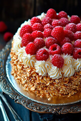 Wall Mural - Honey cake with raspberries on wooden table, Medovik