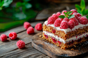 Wall Mural - Honey cake with raspberries on wooden table, Medovik