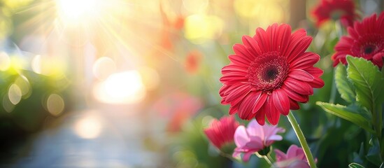 Poster - A vivid red flower in a garden on a sunny street captured up close with selective focus featuring a copy space image embodying the essence of spring in a high quality photo