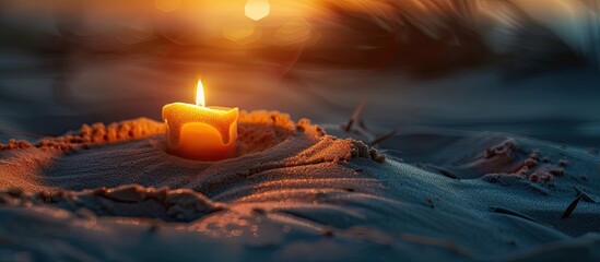 Religious traditions like Candlemas are depicted with a candle light in the sand inside a church or temple representing faith spirituality and religion with a copy space image