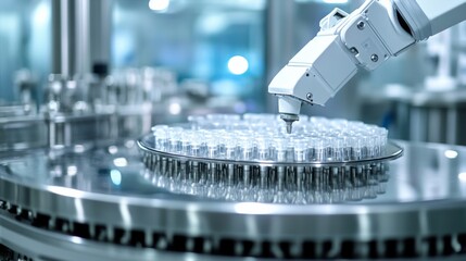 Fototapete - A robot performing automated quality inspection in a high-tech pharmaceutical manufacturing plant with advanced testing equipment, clean and sterile environment, Pharmaceutical-tech style
