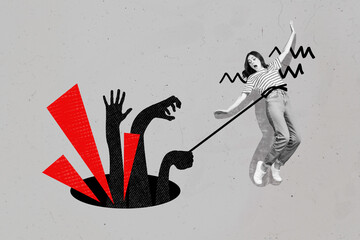 Wall Mural - Composite photo collage of scared panic girl catch bullying trap string pressure abuse hater stereotype isolated on painted background