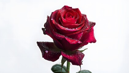 A single red rose with dew drops on its petals centered on a plain white background