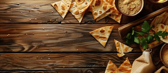 Wall Mural - Wooden background enhances lavash in composition with copy space image