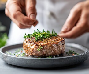 A succulent steak is garnished with fresh herbs, highlighting culinary artistry and the joy of gourmet cooking.