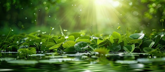 Poster - Aquatic plants emerging above the lake water creating a scenic view with abundant greenery and serene surroundings ideal for a copy space image