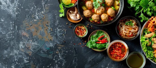 Delicious Indonesian specialty vegetable soup with meatballs served with shrimp paste chili sauce and side dishes shown in a copy space image