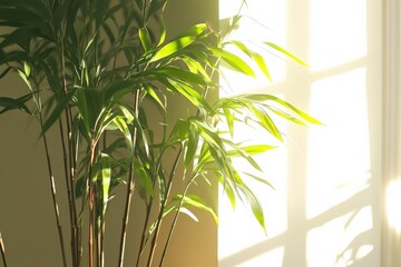 Poster - Bright bamboo leaves create elegant shadows on a sun-drenched wall, embodying a sense of peace and natural harmony within a minimalist interior environment.