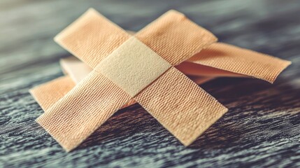 close-up of adhesive bandages stacked on a wooden surface