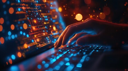 Closeup of Programmer Typing Code on a Laptop with a Colorful Background