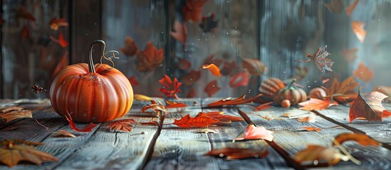 Wall Mural - a fall themed table setting featuring leaves and a pumpkin on a rustic wooden table with space for t