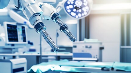 Poster - A robot performing complex surgical procedures in a futuristic operating room with sleek, advanced medical equipment and a sterile environment, Surgical tech style