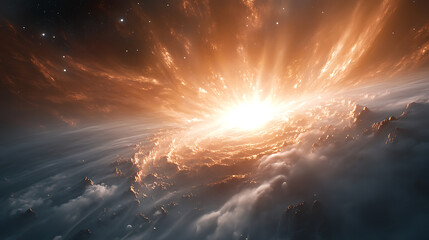 a breathtaking celestial scene, set at the dawn of the universe, where swirling nebulae and a mystic