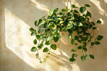 A lush green plant elegantly hangs in a pot, casting intricate shadows on a beige wall, capturing the essence of calm, stillness, and nature-inspired tranquility.