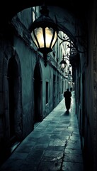 A lone figure walks down a dimly lit alleyway, the streetlamps casting long shadows on the cobblestones.