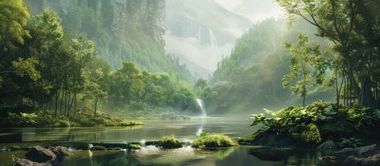 Wall Mural - Copy space image showcasing the serene beauty of a lush summer landscape with a verdant forest flowing river and scenic panoramic view