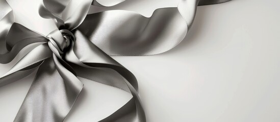 Wall Mural - Close up view of a lovely grey ribbon on a white backdrop with copy space image available