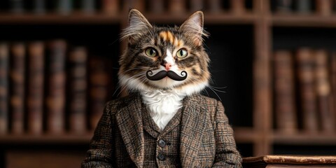 Wall Mural - November cat with mustache prop concept. A whimsical portrait of a cat in a suit with a moustache set against a backdrop of bookshelves blending charm and humor