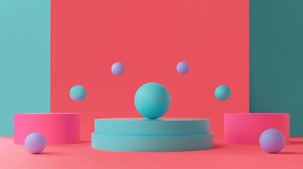 Wall Mural - dynamic podium featuring interconnected 3d spheres, vibrant color palette, flat design illustration,