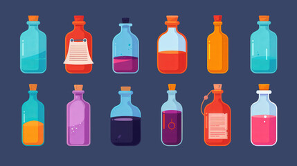 Magical Elixirs and Enchanted Scrolls, a vibrant flat design illustration showcasing an array of potion bottles and mystical spell scrolls, perfect for fantasy-themed projects.