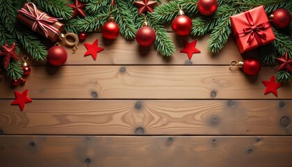 Wall Mural -  Merry Christmas  A festive wooden wall adorned with red ornaments and stars