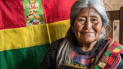 Elderly woman smiling in front of bolivian flag with colorful attire