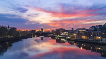 Wall Mural - A serene urban landscape during twilight. A calm river flows through the center, reflecting the hues of the sky