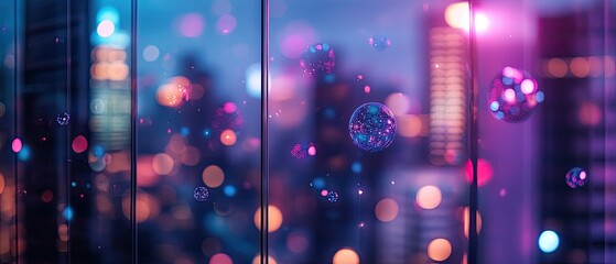 Wall Mural - Colorful bokeh lights and reflections create a vibrant atmosphere, showcasing urban beauty at night with dreamy bubbles.