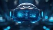 © LuvTK - A virtual reality headset interface confirming login with a fingerprint scan, glowing holographic biometric details and data readouts, deep blue lighting, dark background with subtle digital elements,