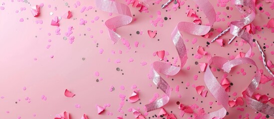 Wall Mural - Pink confetti streamers and a single silver streamer on pink backdrop like festive decorations ideal for birthdays or parties Includes copy space image