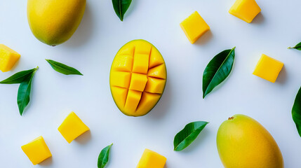 Sticker - Mango cut into cubes on a white background, one side displaying a whole yellow mango with green leaves, vibrant colors, fresh and juicy appearance, minimalistic design.