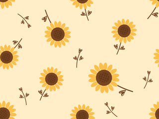 Wall Mural - Seamless pattern of sunflower and heart shape leaves on yellow background vector. Cute floral print.