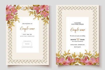 WEDDING INVITATION FRAME WITH FLOWER DECORATIONS AND FRESH LEAVES 