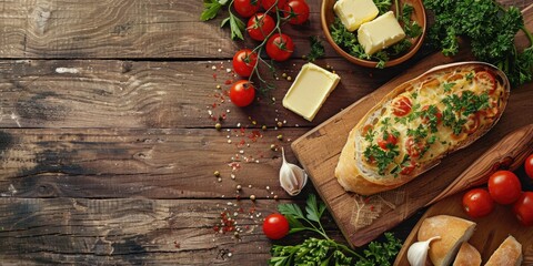 Poster - Fresh produce and crusty bread on a rustic wooden table