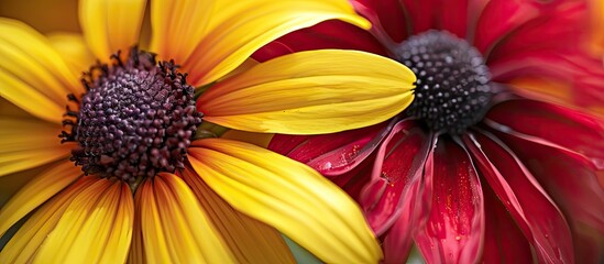 Canvas Print - Vivid red and yellow daisy in close up Blooming Black eyed Susan in a summer garden Wild Rudbeckia Hirta flower in nature creating a floral background with copy space image