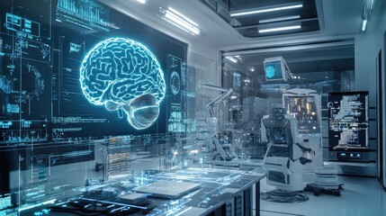 Holographic image of an AI brain in a futuristic lab, representing innovation, research, and artificial intelligence