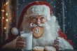 © KirKam - Santa Claus enjoying cookies and milk by a glowing fireplace, surrounded by colorful stockings and twinkling Christmas tree.