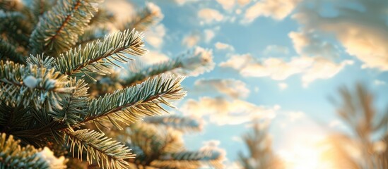 Canvas Print - In early spring a young pine tree with fresh needles stands against the sky with copy space image