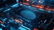 © LuvTK - Fingerprint analysis software interface, holographic data streams, and algorithmic patterns surrounding the scanned fingerprint, futuristic setting with dark background, neon blue accents,