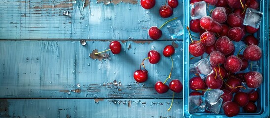 Wall Mural - Blue wooden textured background with a red sweet cherry filled ice cube tray featuring copy space image