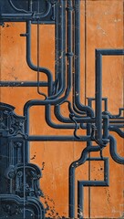 Poster - Blue Pipes on Orange Background