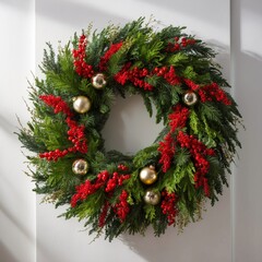 Christmas wreath with red berries and golden balls on a white wall