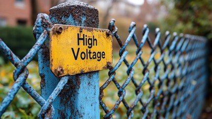 A close-up shot of a weathered yellow High Voltage warning sign attached to a rusty blue metal post, with a blurred chain-link fence and foliage in the background