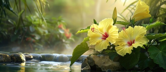 Poster - refreshing light yellow hibiscus flowers and green leaves by a stream in a cool atmosphere provide a