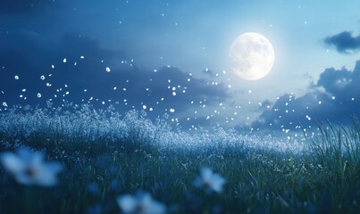 enchanting moonlit meadow with blooming flowers