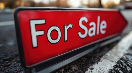 A close-up image of a red For Sale sign placed on an asphalt road, highlighting the concept of sale, real estate opportunities, and urban settings