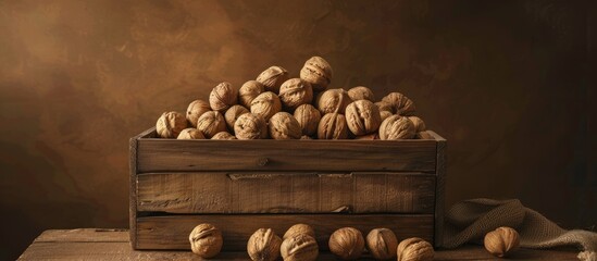 Wall Mural - Walnuts displayed in a wooden box against a brown background providing a perfect copy space image