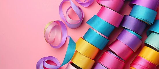 Wall Mural - Colorful ribbon reels arranged on a pink background in close up view with copy space image available for text insertion